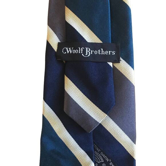 Vintage Countess Wara Striped Tie, Grey Navy Teal Gold Tie, Woolf Brothers - Picture 5 of 5